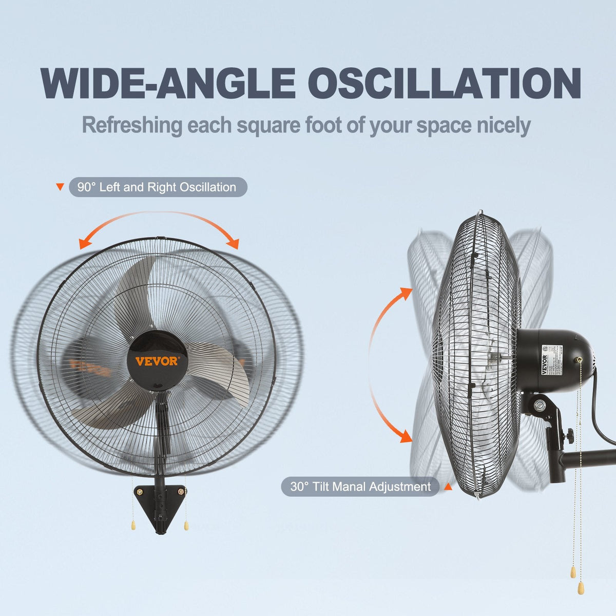 VEVOR 73W sienas ventilators, metāla, 44.5 cm, 3 ātrumi, max jauda 4000 CFM