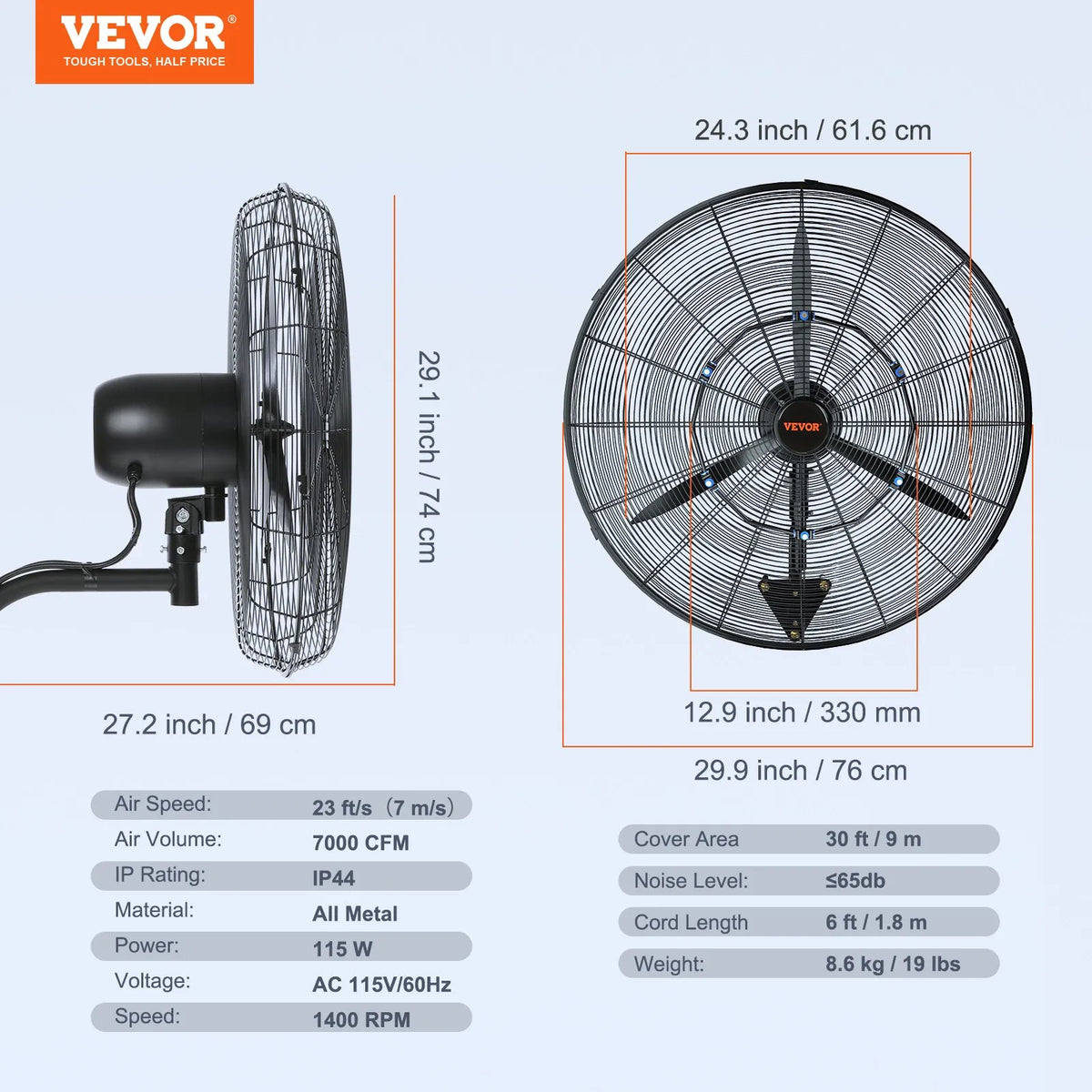 61 cm oscilējošs sienas miglotājs ventilators metāla 3 ātrumi 115 W