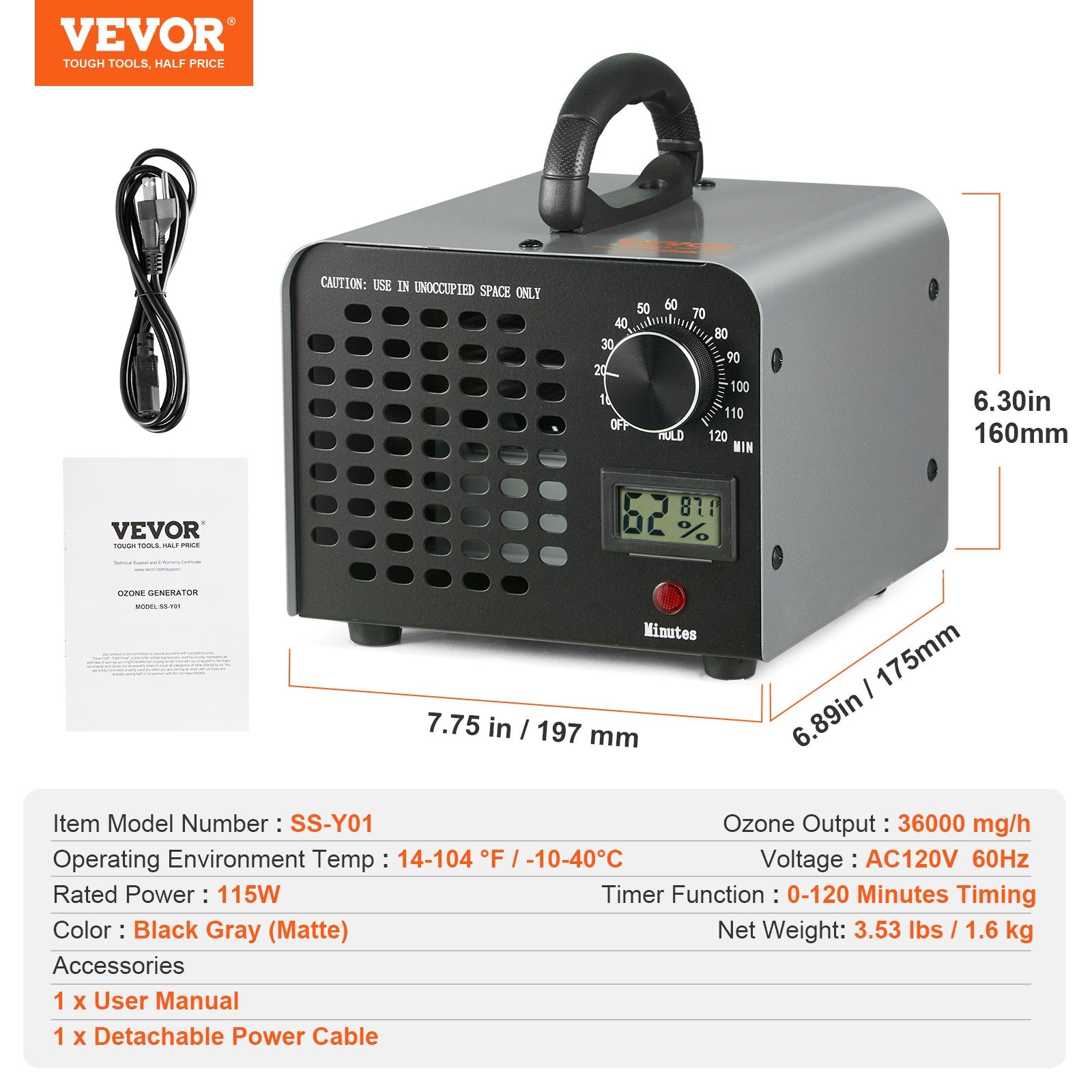 Генератор озона VEVOR, 36 000 мг/ч, очиститель воздуха и устранитель запахов с таймером 0-120 мин.