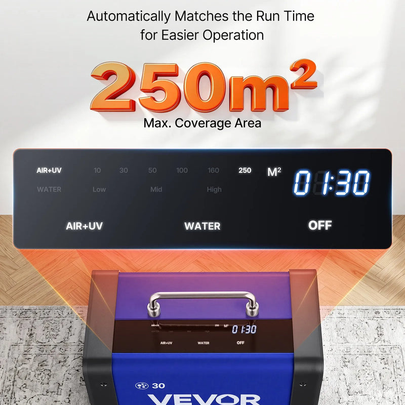 VEVOR ozona ģenerators 30000 mg/h, komerciāla ozona iekārta ar LCD skārienekrānu, 15 sekunžu aizkavētu startu, divu šļūteņu ūdens režīmu, telpām līdz 250 m²