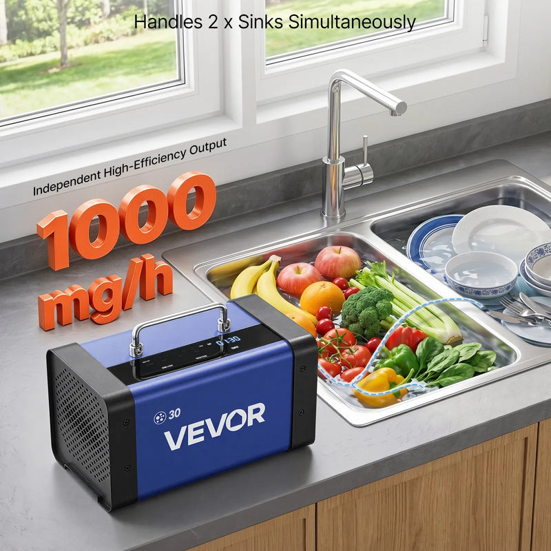 VEVOR ozona ģenerators 30000 mg/h, komerciāla ozona iekārta ar LCD skārienekrānu, 15 sekunžu aizkavētu startu, divu šļūteņu ūdens režīmu, telpām līdz 250 m²