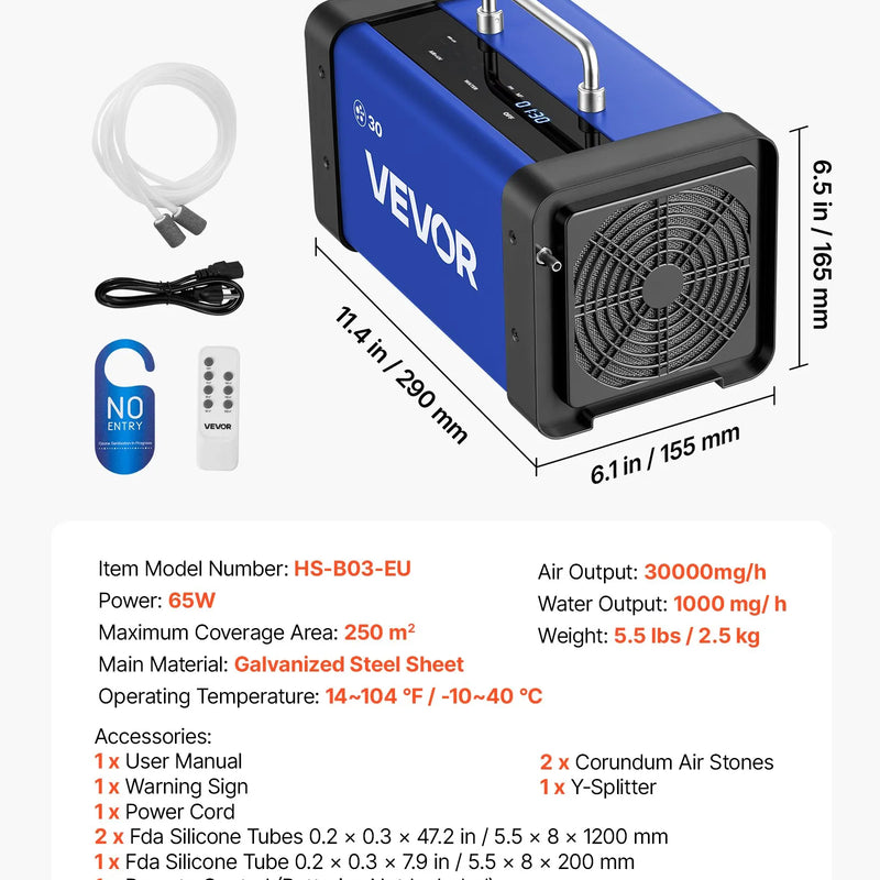 VEVOR ozona ģenerators 30000 mg/h, komerciāla ozona iekārta ar LCD skārienekrānu, 15 sekunžu aizkavētu startu, divu šļūteņu ūdens režīmu, telpām līdz 250 m²