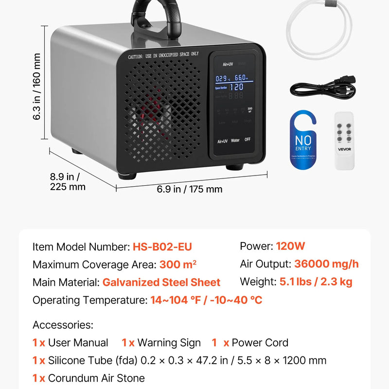 VEVOR ozona ģenerators 36 000 mg/h, komerciāla ozona iekārta ar 15 s aizkavētu palaišanu, zonu balstītu taimeri un LCD skārienekrānu, industriāls smaku neitralizators automašīnām, dūmiem un mājoklim, līdz 300 m²