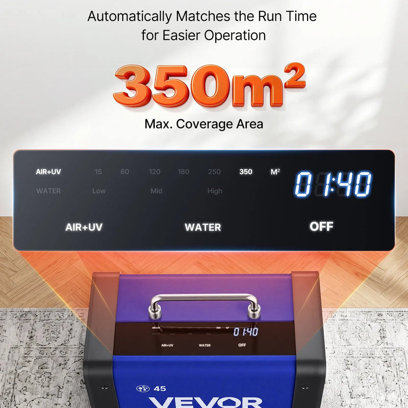 VEVOR ozona ģenerators 45 000 mg/h, komerciāla ozona iekārta ar 15 s aizkavētu palaišanu, divu šļūteņu ūdens režīmu un LCD skārienekrānu, industriāls smaku neitralizators automašīnām, dūmiem un mājoklim, līdz 350 m²