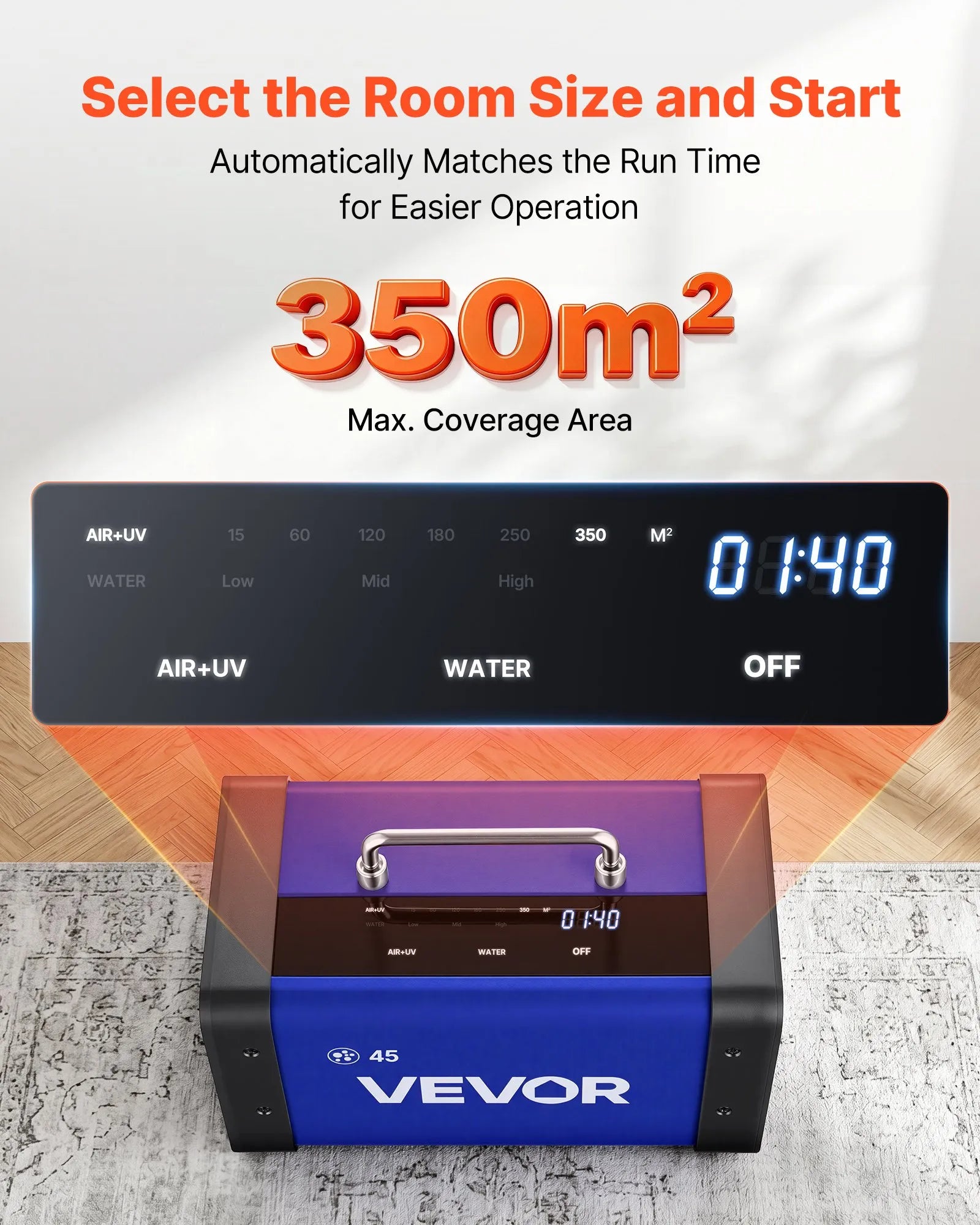 VEVOR ozona ģenerators 45 000 mg/h, komerciāla ozona iekārta ar 15 s aizkavētu palaišanu, divu šļūteņu ūdens režīmu un LCD skārienekrānu, industriāls smaku neitralizators automašīnām, dūmiem un mājoklim, līdz 350 m²