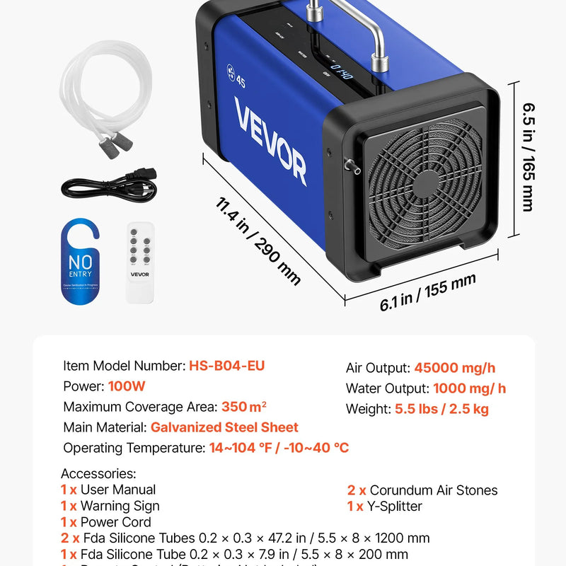VEVOR ozona ģenerators 45 000 mg/h, komerciāla ozona iekārta ar 15 s aizkavētu palaišanu, divu šļūteņu ūdens režīmu un LCD skārienekrānu, industriāls smaku neitralizators automašīnām, dūmiem un mājoklim, līdz 350 m²
