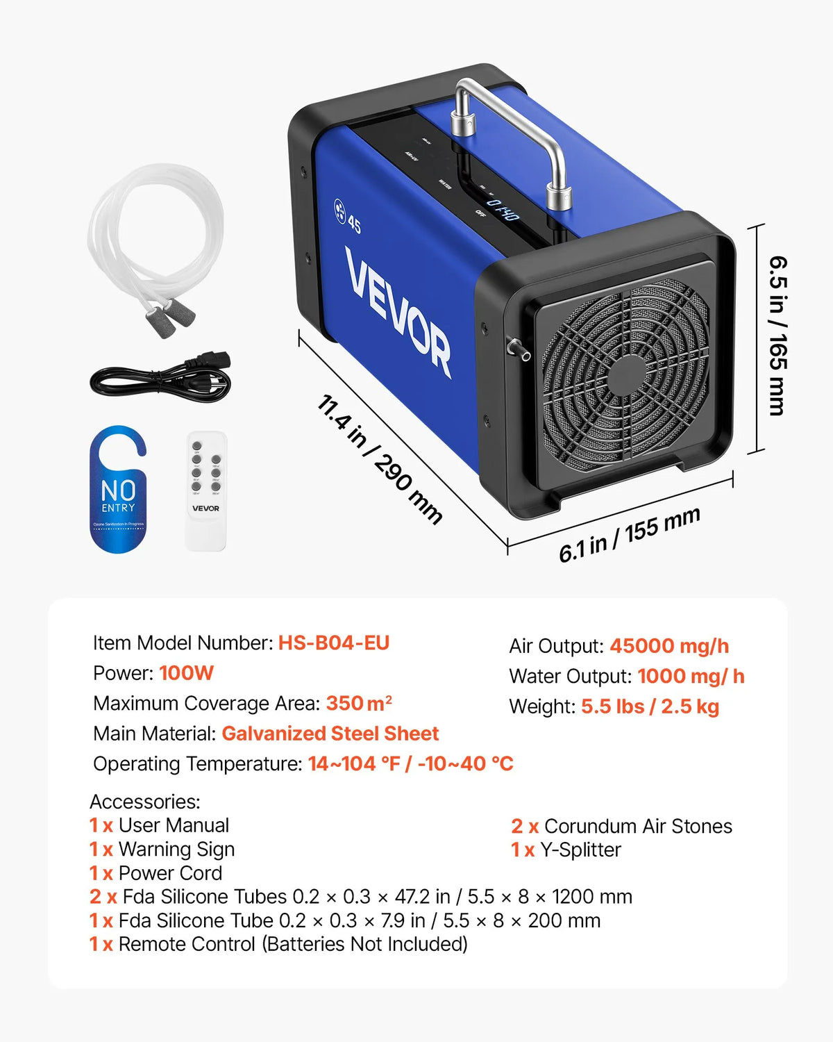 VEVOR ozona ģenerators 45 000 mg/h, komerciāla ozona iekārta ar 15 s aizkavētu palaišanu, divu šļūteņu ūdens režīmu un LCD skārienekrānu, industriāls smaku neitralizators automašīnām, dūmiem un mājoklim, līdz 350 m²