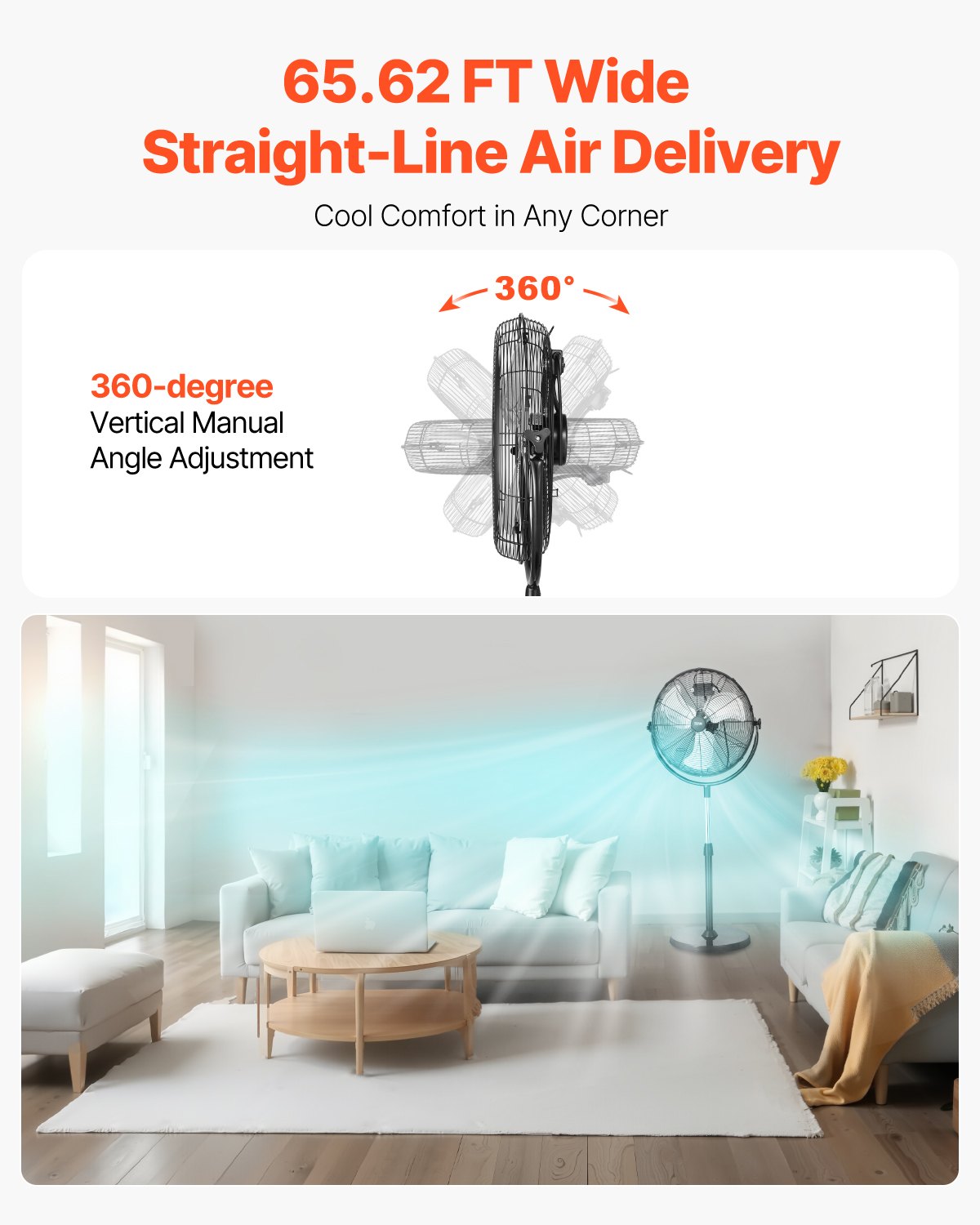 VEVOR rūpnieciskais statīva ventilators, 3 ātrumi, augstums regulējams no 115 līdz 147 cm