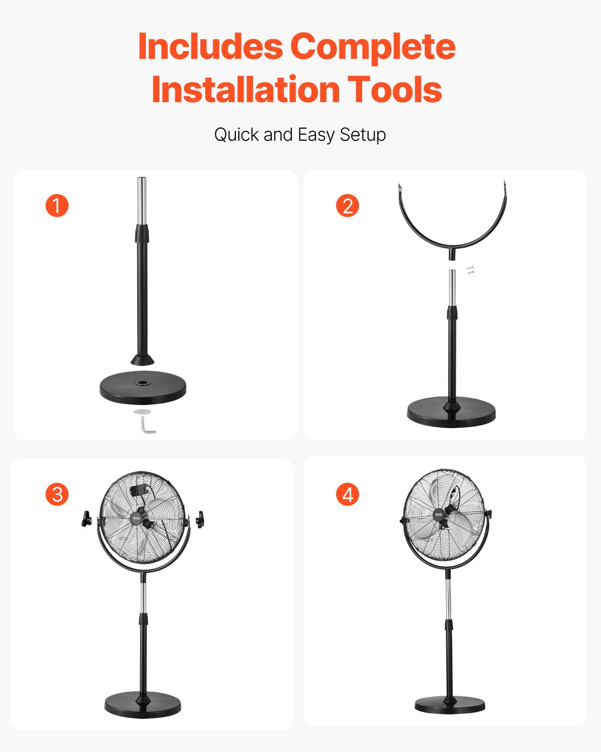 VEVOR rūpnieciskais statīva ventilators, 3 ātrumi, augstums regulējams no 115 līdz 147 cm