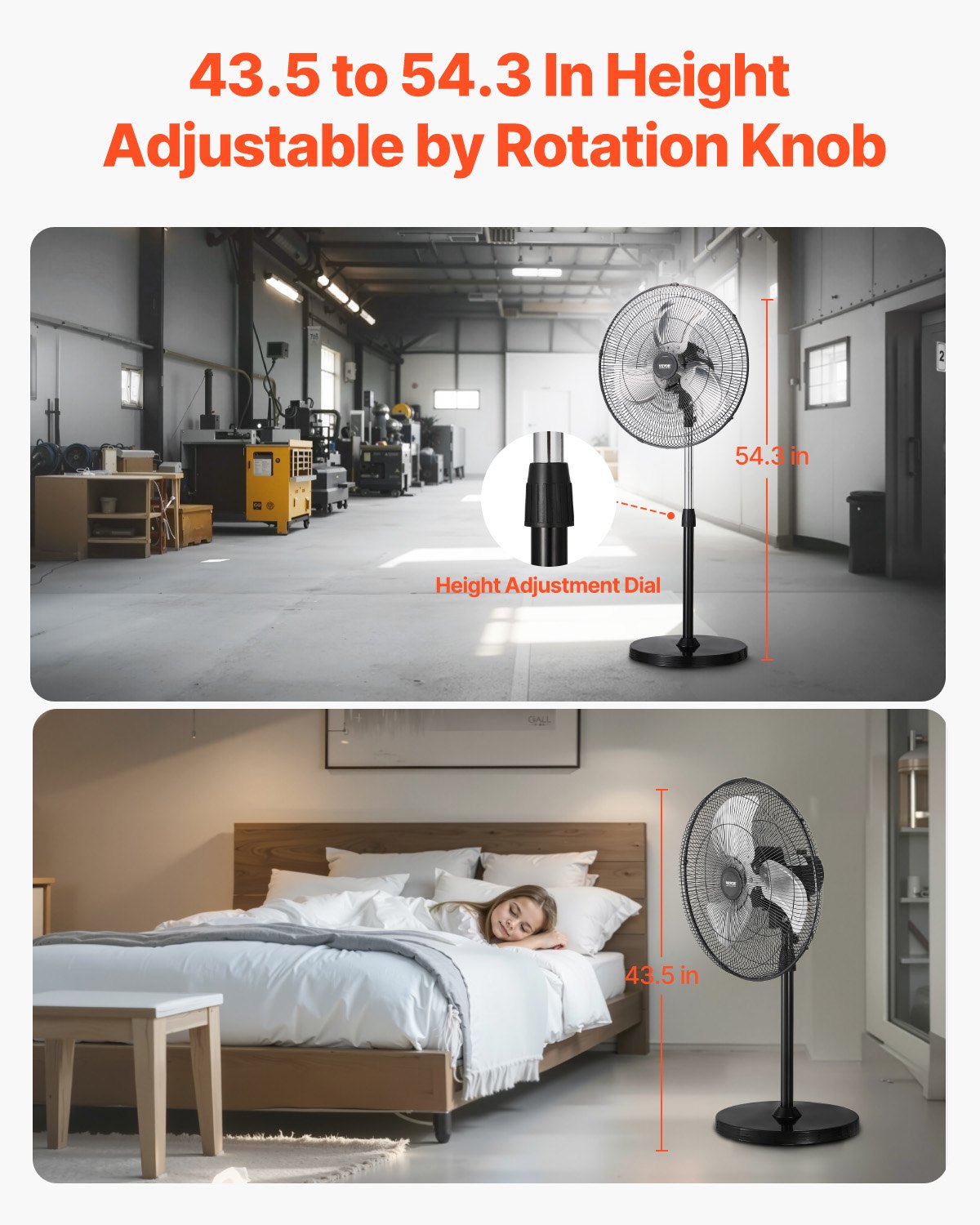 VEVOR 50 cm rūpnieciskais stāvošais ventilators, 3 ātrumi, oscilējošs, augstuma regulēšana