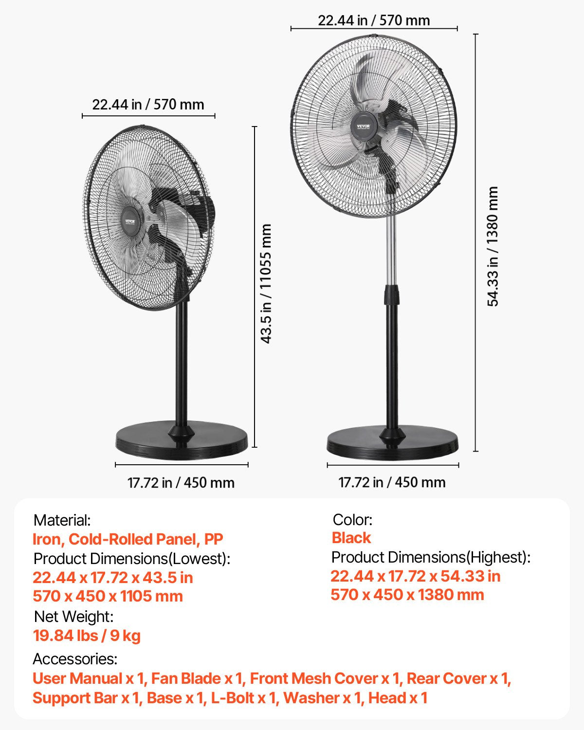 VEVOR 50 cm rūpnieciskais stāvošais ventilators, 3 ātrumi, oscilējošs, augstuma regulēšana