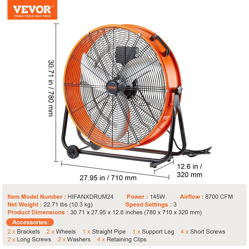 VEVOR Rūpnieciskais grīdas ventilators 61 cm, 3 ātrumi, taimeris, noliktavām