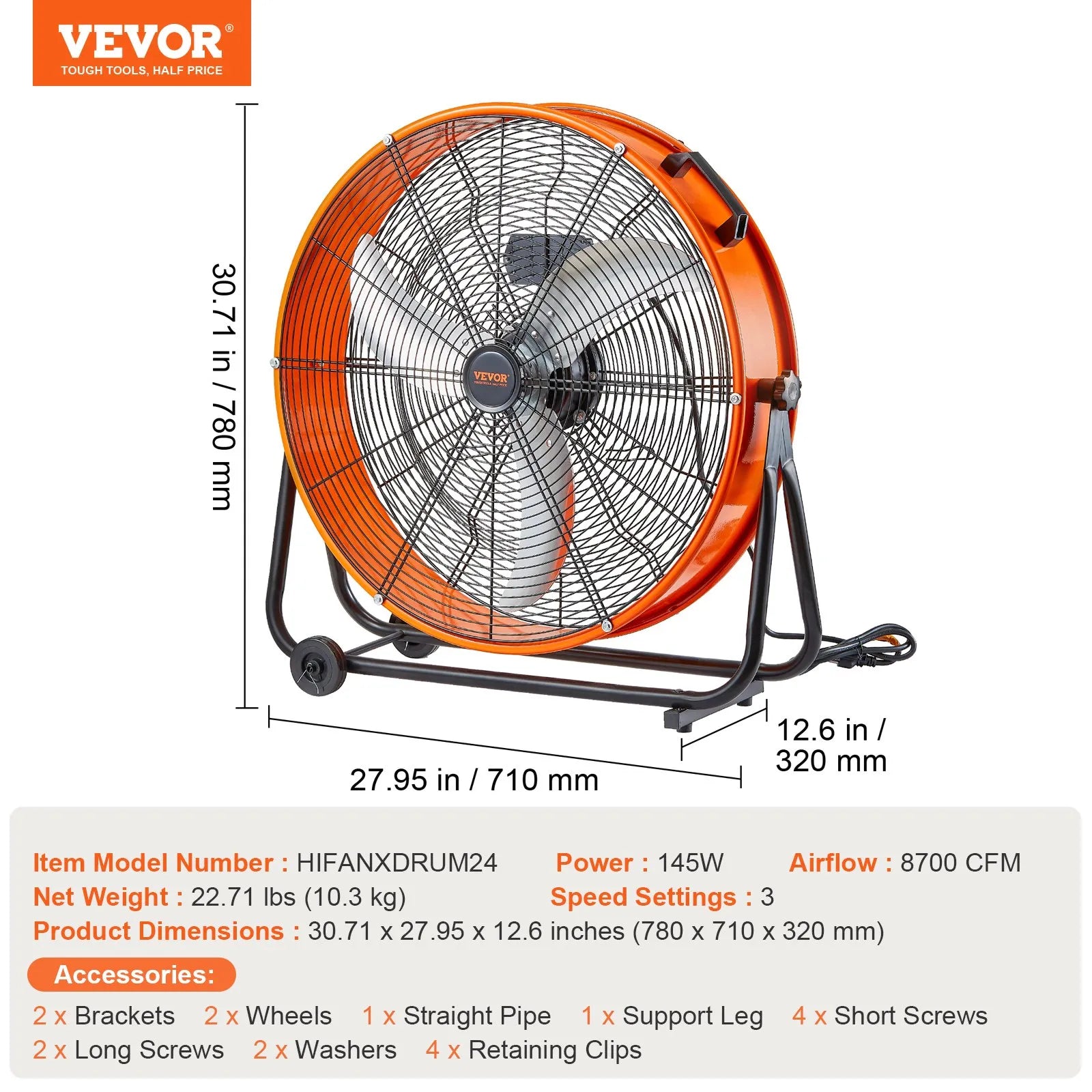 Rūpnieciskais grīdas ventilators 61 cm, 3 ātrumi, 14 600 m³/h, noliktavām