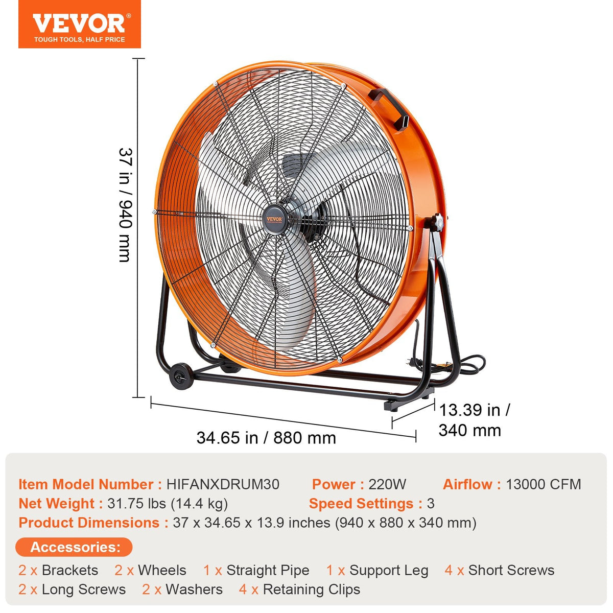 VEVOR 76.2 cm rūpnieciskais ventilators, augstas plūsmas, 3 ātrumi, 13000 CFM, noliktavai