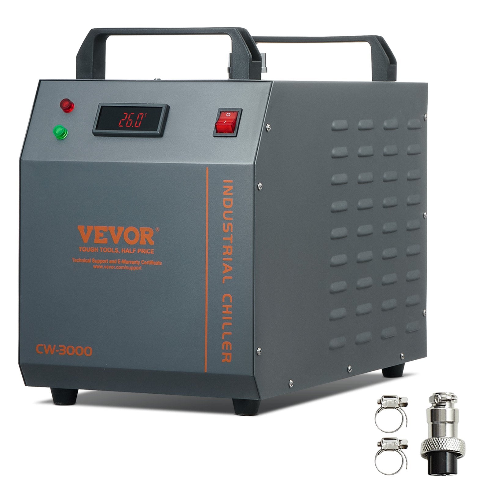 VEVOR CW-3000 is an air industrial water cooler with a 12L water tank capacity and a maximum flow rate of 12 litres/minute, ideal for cooling laser engraving machines and laser tube cooling system.