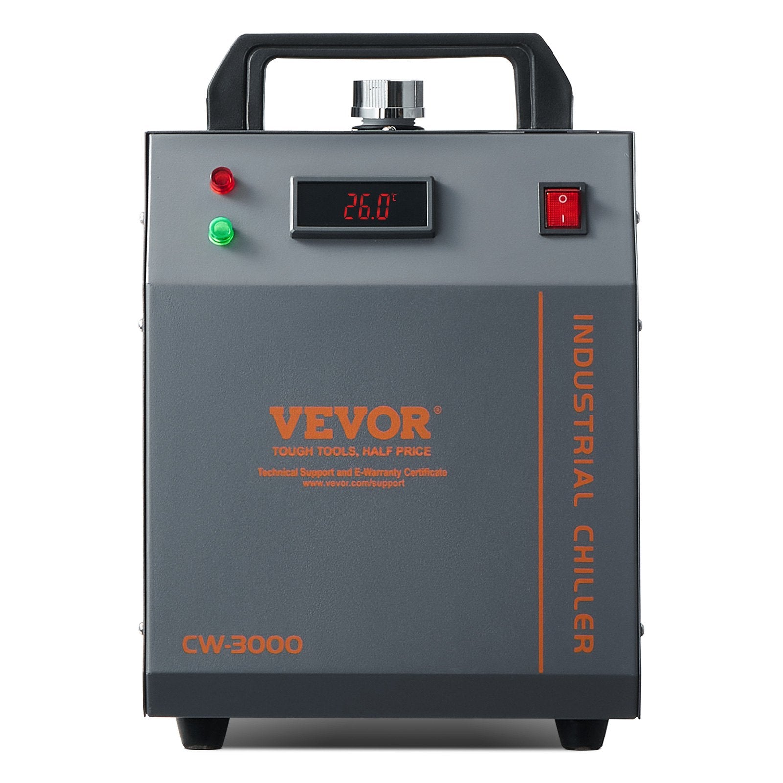VEVOR CW-3000 ir gaisa industriālais ūdens dzesētājs ar 12L ūdens tvertnes ietilpību un 12 litru/minūtes maksimālo plūsmas ātrumu, ideāli piemērots lāzera gravēšanas mašīnu dzesēšanai un lāzera caurules dzesēšanas sistēmai.