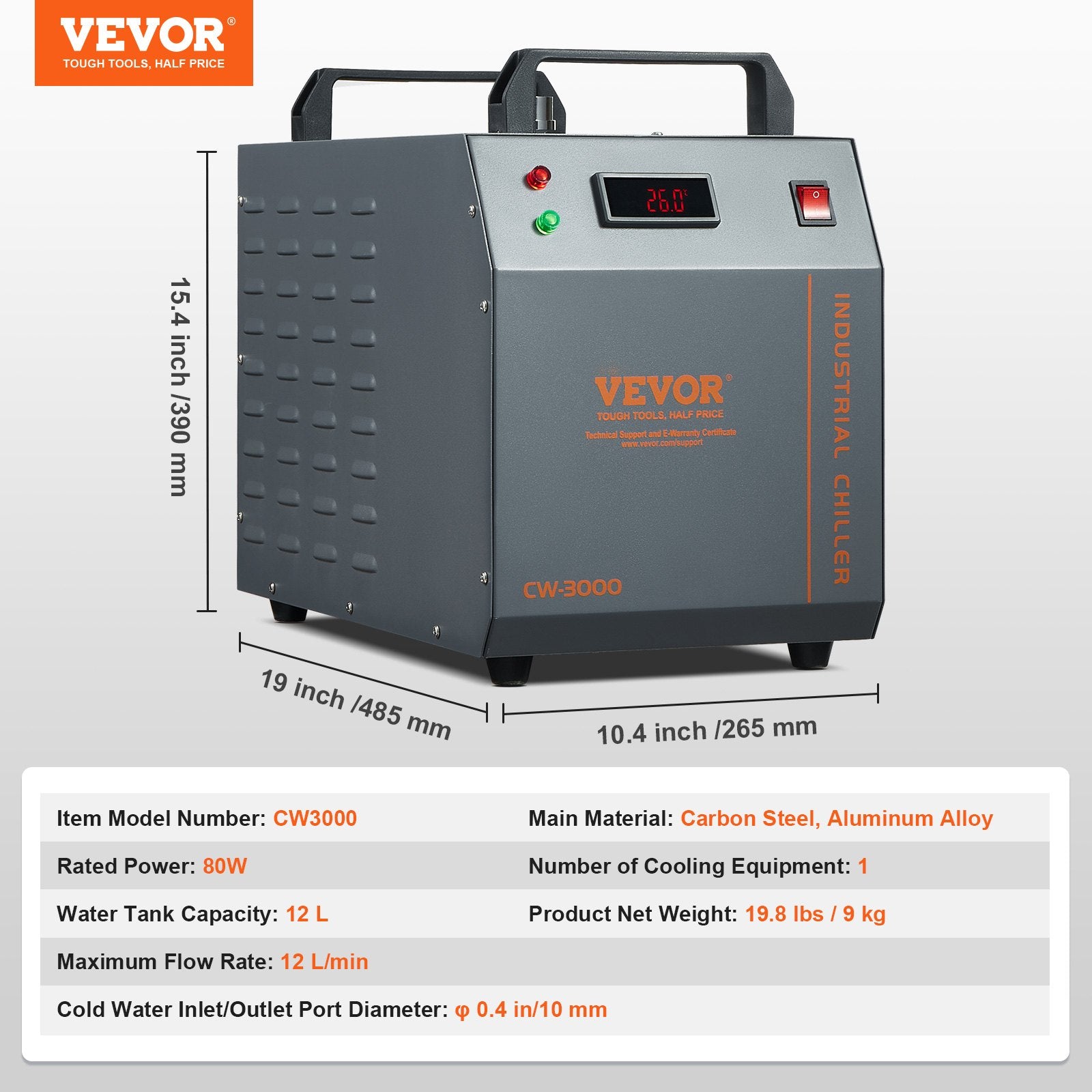 VEVOR CW-3000 ir gaisa industriālais ūdens dzesētājs ar 12L ūdens tvertnes ietilpību un 12 litru/minūtes maksimālo plūsmas ātrumu, ideāli piemērots lāzera gravēšanas mašīnu dzesēšanai un lāzera caurules dzesēšanas sistēmai.