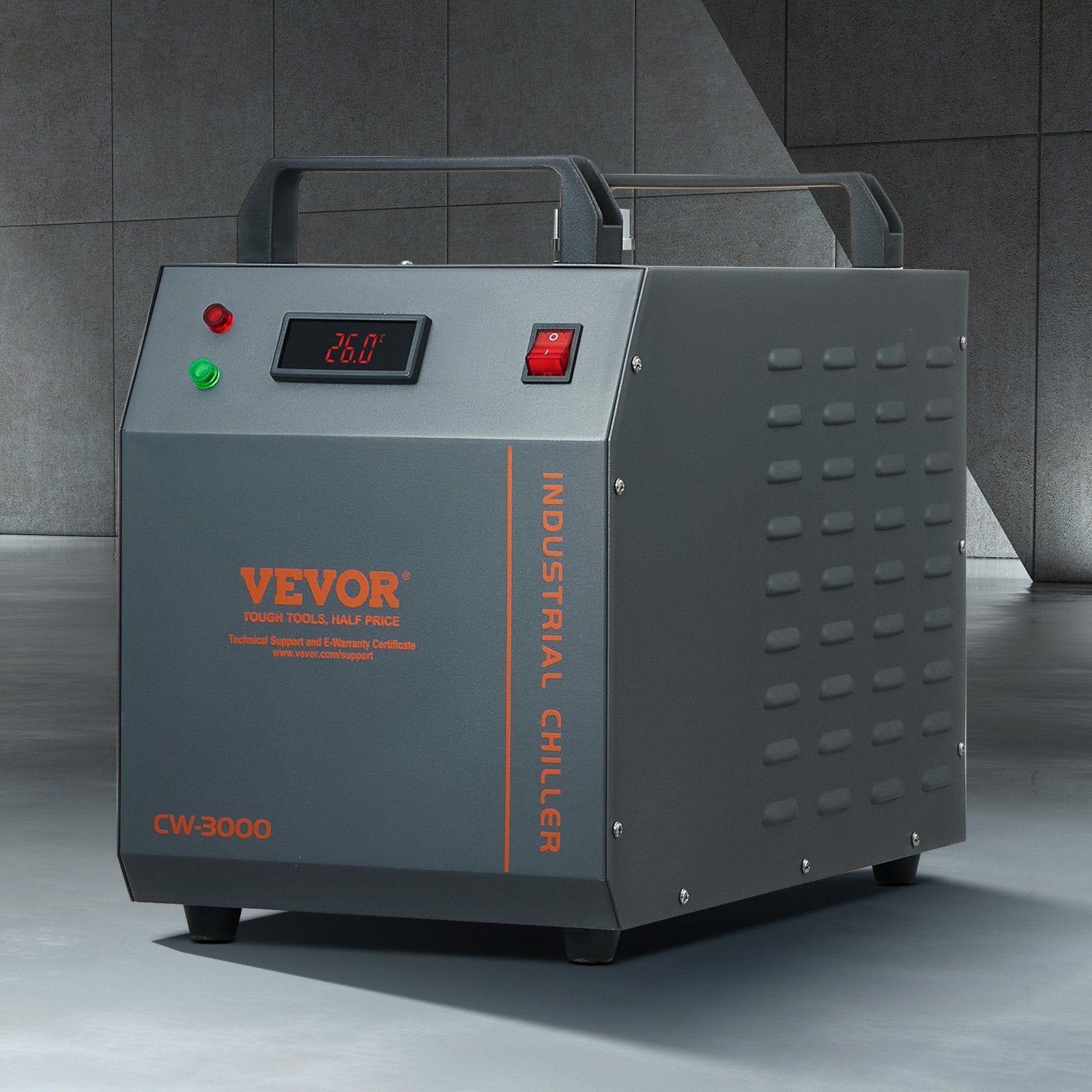 VEVOR CW-3000 ir gaisa industriālais ūdens dzesētājs ar 12L ūdens tvertnes ietilpību un 12 litru/minūtes maksimālo plūsmas ātrumu, ideāli piemērots lāzera gravēšanas mašīnu dzesēšanai un lāzera caurules dzesēšanas sistēmai.