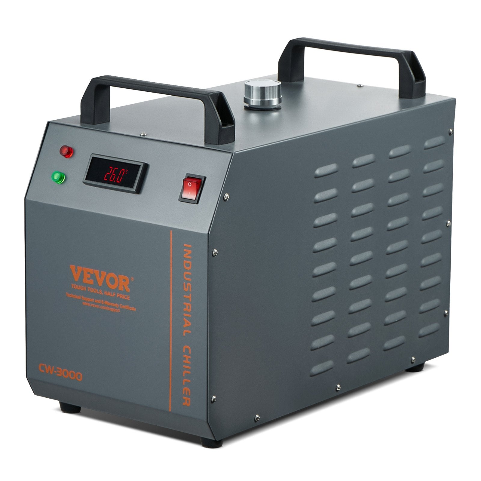 VEVOR CW-3000 ir gaisa industriālais ūdens dzesētājs ar 12L ūdens tvertnes ietilpību un 12 litru/minūtes maksimālo plūsmas ātrumu, ideāli piemērots lāzera gravēšanas mašīnu dzesēšanai un lāzera caurules dzesēšanas sistēmai.