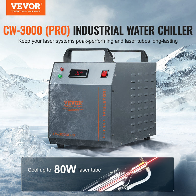 VEVOR Промышленный охладитель воды CW-3000(PRO), 150 Вт система воздушного охлаждения с резервуаром для воды 12 л и максимальной скоростью потока 18 л/мин, подходит для лазерных гравировальных станков