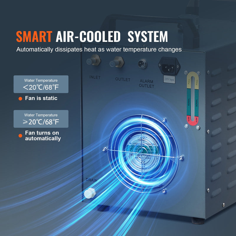 VEVOR Промышленный охладитель воды CW-3000(PRO), 150 Вт система воздушного охлаждения с резервуаром для воды 12 л и максимальной скоростью потока 18 л/мин, подходит для лазерных гравировальных станков