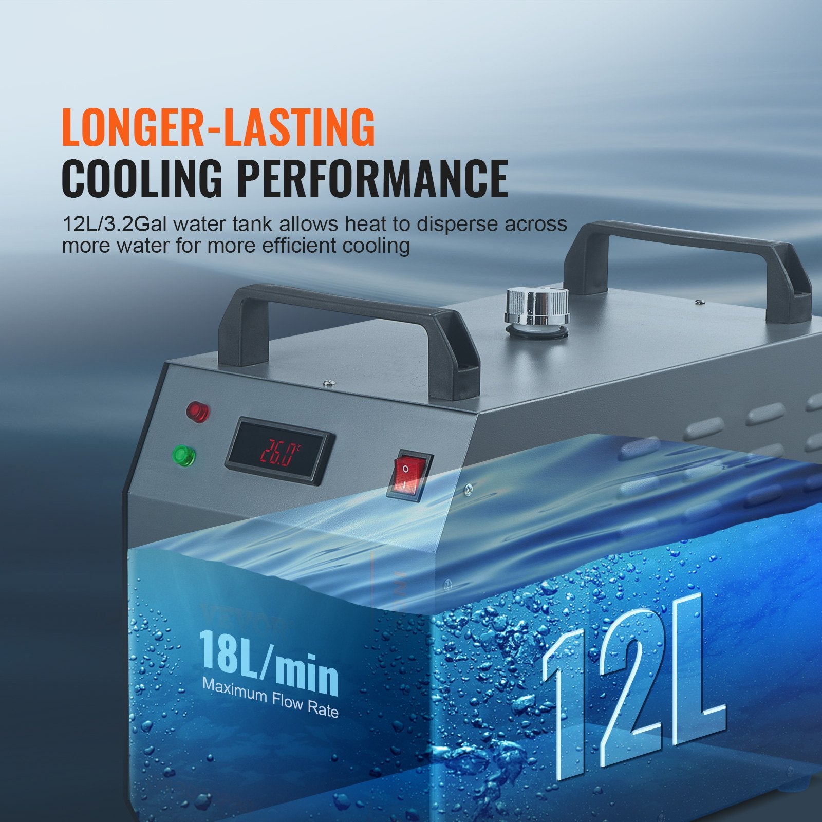 VEVOR Industrial Water Cooler CW-3000(PRO), 150W Air Cooling System with 12L Water Tank and 18L/min Maximum Flow Rate, Suitable for Laser Engraving Machines