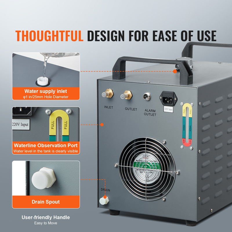 VEVOR Промышленный охладитель воды CW-3000(PRO), 150 Вт система воздушного охлаждения с резервуаром для воды 12 л и максимальной скоростью потока 18 л/мин, подходит для лазерных гравировальных станков