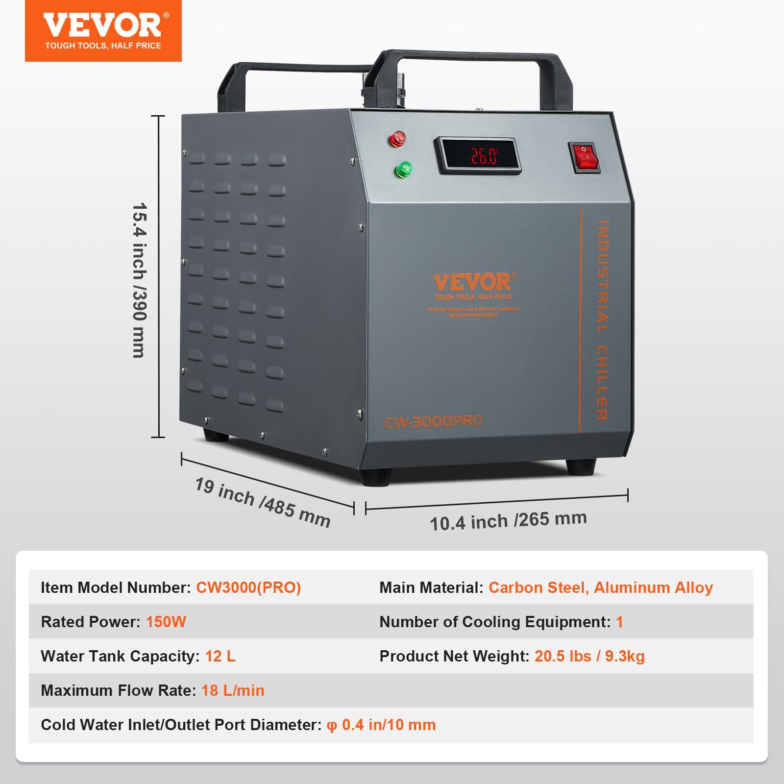 VEVOR Industrial Water Cooler CW-3000(PRO), 150W Air Cooling System with 12L Water Tank and 18L/min Maximum Flow Rate, Suitable for Laser Engraving Machines