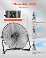 VEVOR 50 cm grīdas ventilators, 3 ātrumi, 360° regulējams leņķis, jaudīgs rūpnieciskais ventilators