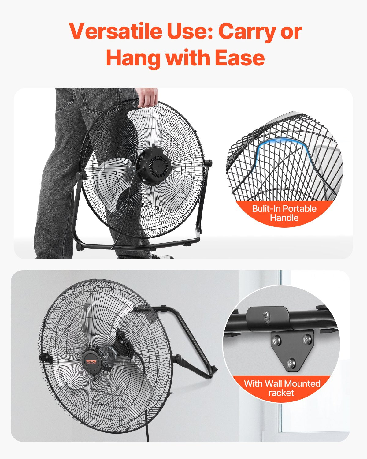 VEVOR 50 cm grīdas ventilators, 3 ātrumi, 360° regulējams leņķis, jaudīgs rūpnieciskais ventilators