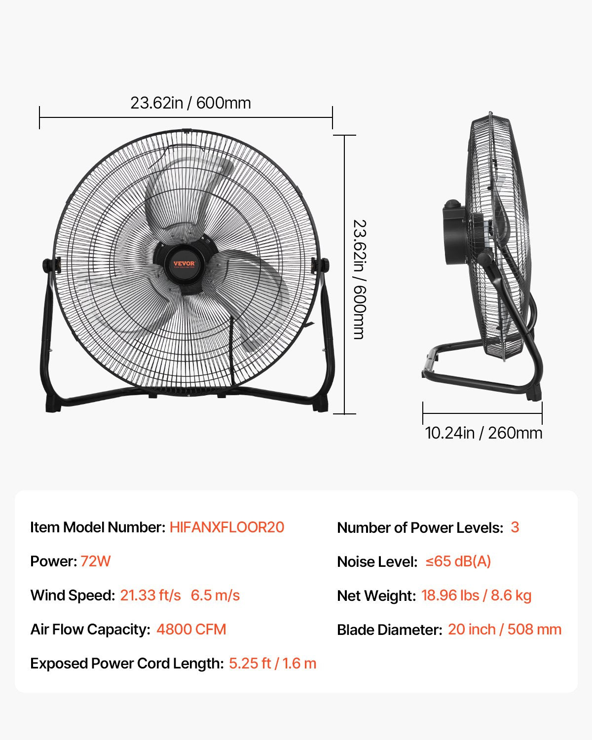 VEVOR 50 cm grīdas ventilators, 3 ātrumi, 360° regulējams leņķis, jaudīgs rūpnieciskais ventilators