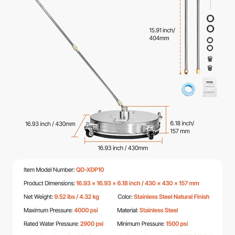 VEVOR 42 cm augstspiediena mazgātāja virsmas tīrītājs ar 4 riteņiem, nerūsējošais tērauds, maksimālais spiediens 4000 PSI