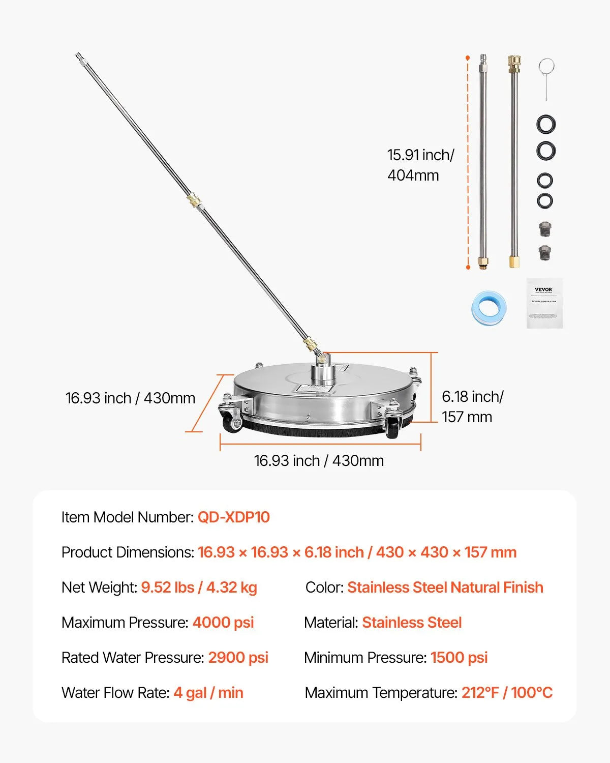 VEVOR 42 cm augstspiediena mazgātāja virsmas tīrītājs ar 4 riteņiem, nerūsējošais tērauds, maksimālais spiediens 4000 PSI