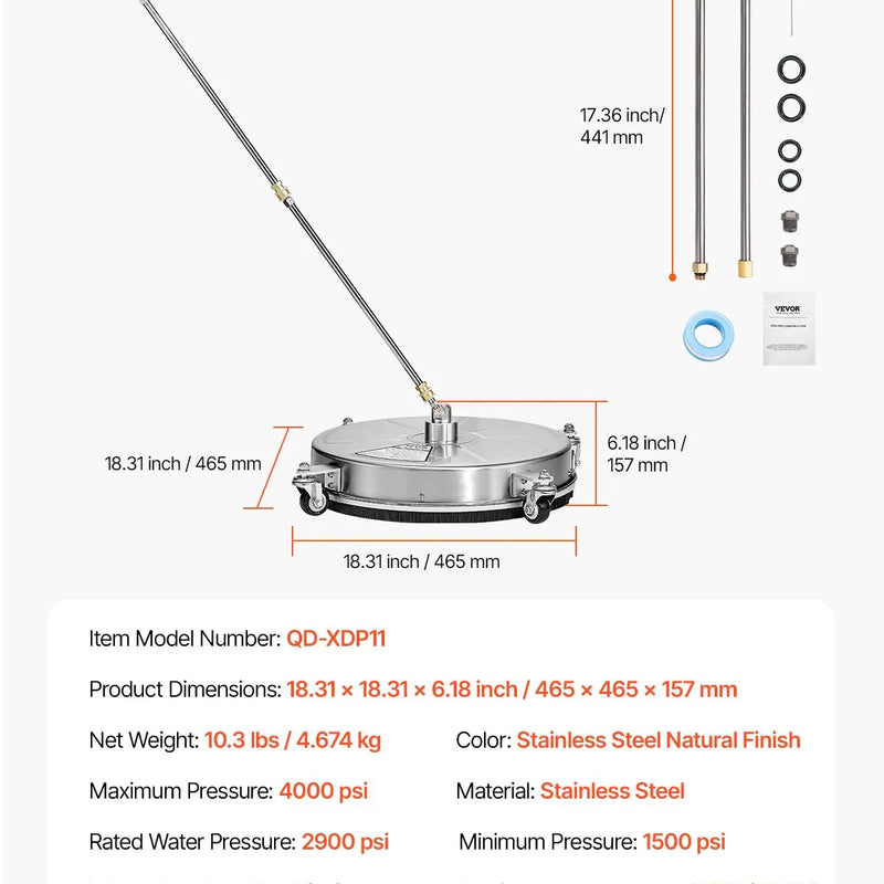 VEVOR 46 cm augstspiediena mazgātāja virsmas tīrītājs ar 4 riteņiem, maksimālais spiediens 4000 PSI, ar 2 pagarināmajām spraudstieņiem