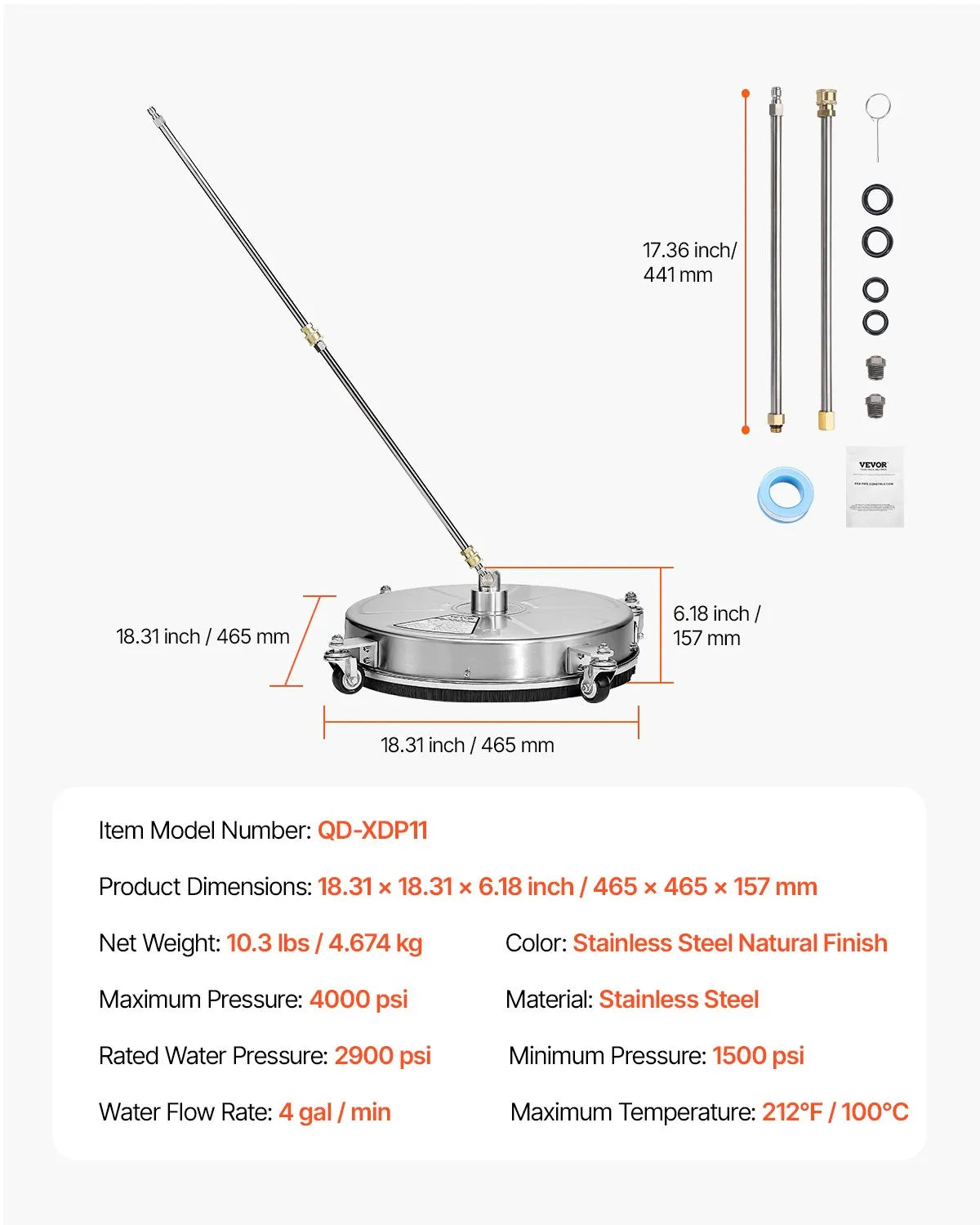 VEVOR 46 cm augstspiediena mazgātāja virsmas tīrītājs ar 4 riteņiem, maksimālais spiediens 4000 PSI, ar 2 pagarināmajām spraudstieņiem