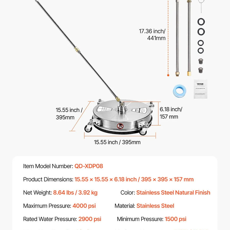 VEVOR 38 cm augstspiediena mazgātāja virsmas tīrītājs ar 4 riteņiem, maksimālais spiediens 4000 PSI, ar 2 pagarināmajām spraudstieņiem