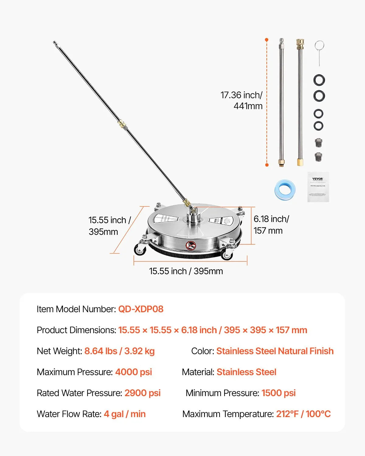 VEVOR 38 cm augstspiediena mazgātāja virsmas tīrītājs ar 4 riteņiem, maksimālais spiediens 4000 PSI, ar 2 pagarināmajām spraudstieņiem