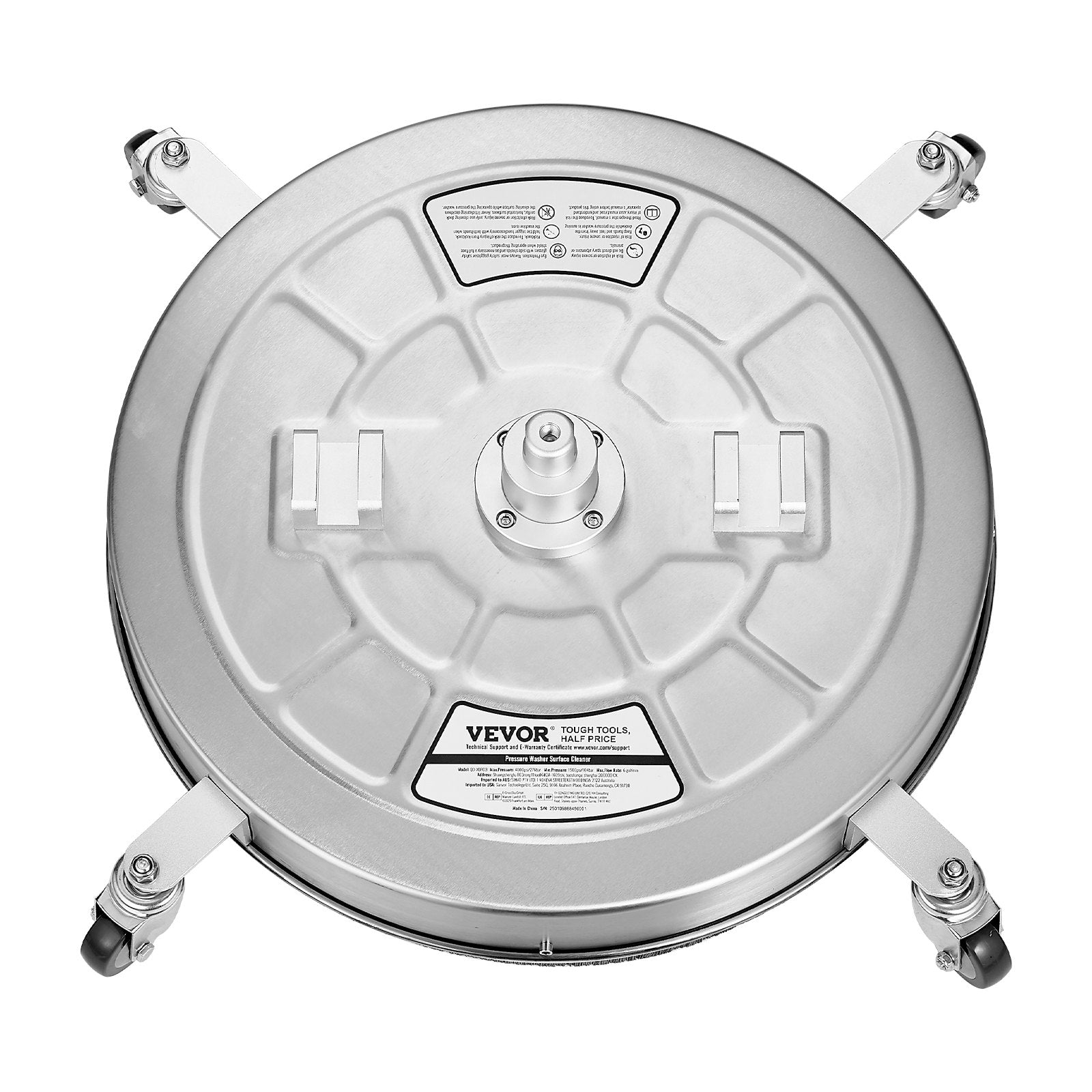 VEVOR nerūsējošā tērauda virsmu tīrītājs augstspiediena mazgātājam, 610 mm, ar 4 riteņiem, 27 580 kPa spiedienu, 3/8 ātro savienojumu, 2 sprauslām un dubulto rokturi, piemērots betona, terases un ietvju tīrīšanai