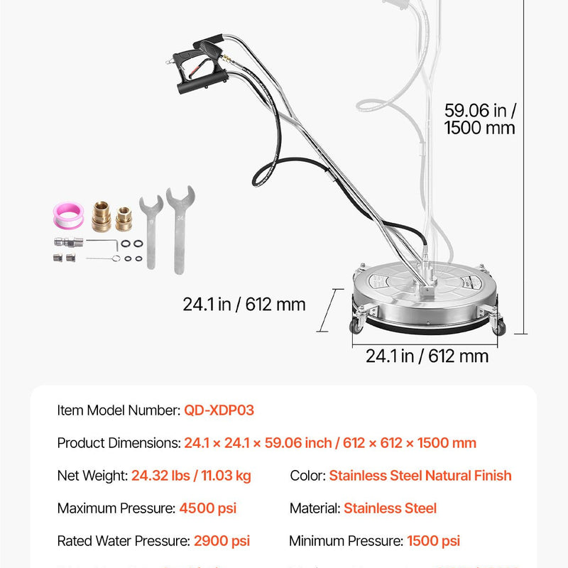 VEVOR nerūsējošā tērauda virsmu tīrītājs augstspiediena mazgātājam, 610 mm, ar 4 riteņiem, 27 580 kPa spiedienu, 3/8 ātro savienojumu, 2 sprauslām un dubulto rokturi, piemērots betona, terases un ietvju tīrīšanai