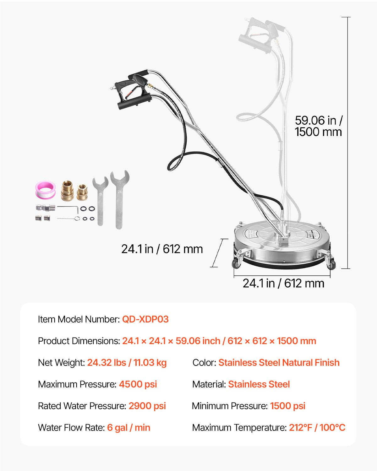 VEVOR nerūsējošā tērauda virsmu tīrītājs augstspiediena mazgātājam, 610 mm, ar 4 riteņiem, 27 580 kPa spiedienu, 3/8 ātro savienojumu, 2 sprauslām un dubulto rokturi, piemērots betona, terases un ietvju tīrīšanai