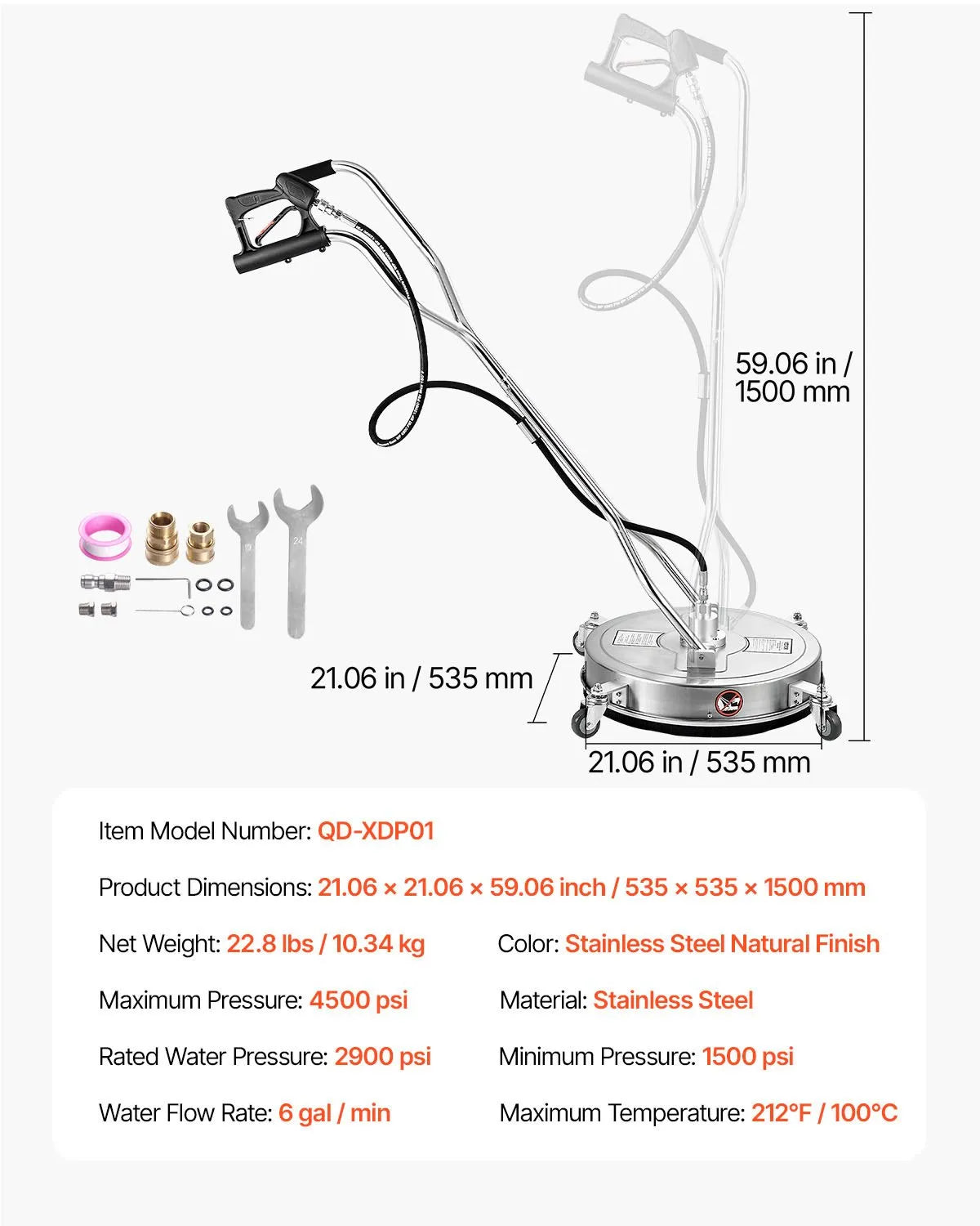 VEVOR 53 cm augstspiediena mazgātāja virsmas tīrītājs ar 4 riteņiem un diviem rokturiem, maksimālais spiediens 4000 PSI