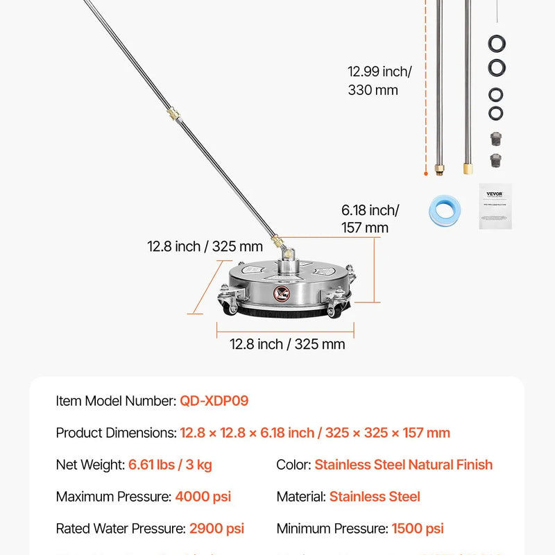 VEVOR 36 cm augstspiediena mazgātāja virsmas tīrītājs ar 4 riteņiem, maksimālais spiediens 4000 PSI, ar 2 pagarināmajām spraudstieņiem