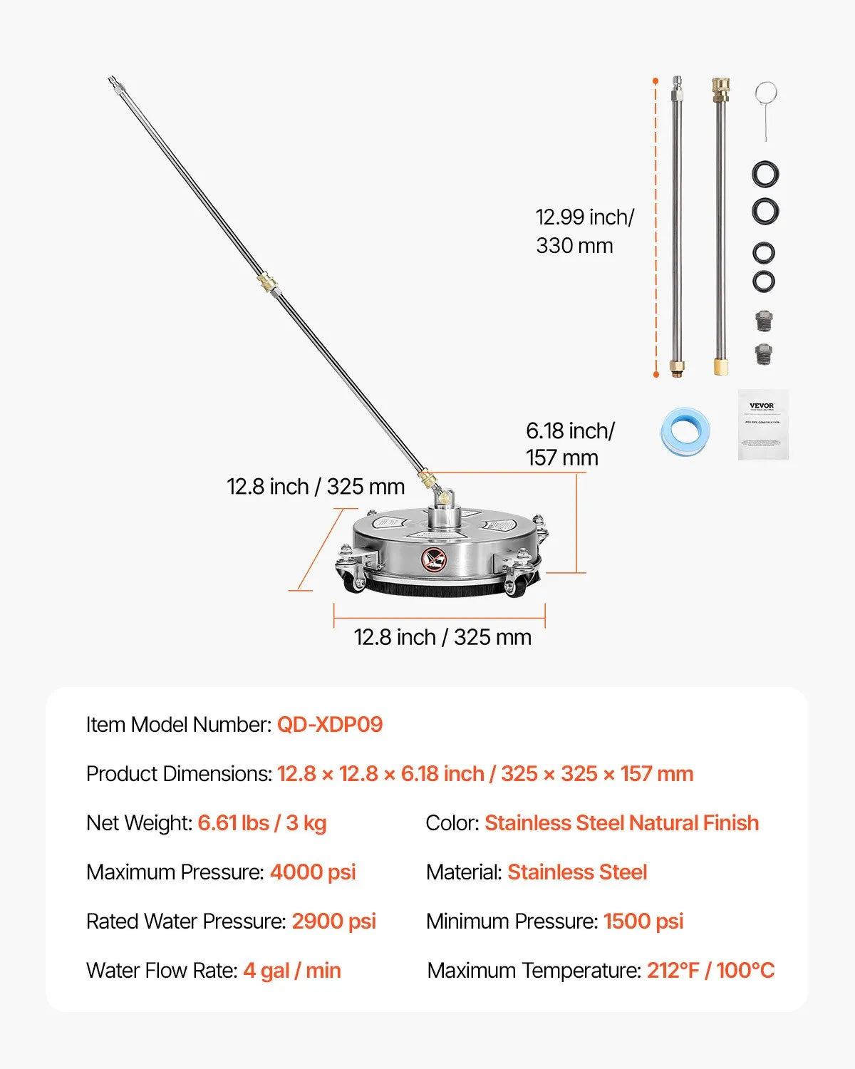 VEVOR 36 cm augstspiediena mazgātāja virsmas tīrītājs ar 4 riteņiem, maksimālais spiediens 4000 PSI, ar 2 pagarināmajām spraudstieņiem