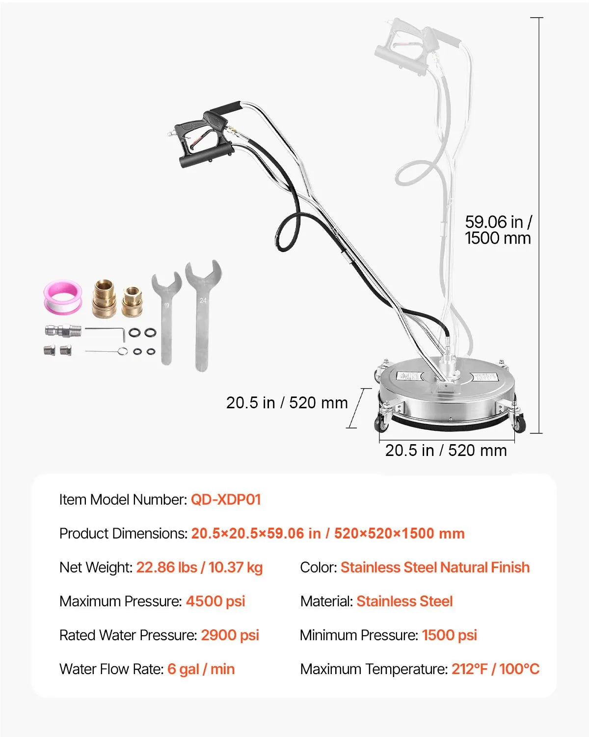 VEVOR 51 cm augstspiediena mazgātāja virsmas tīrītājs ar 4 riteņiem un diviem rokturiem, maksimālais spiediens 4000 PSI