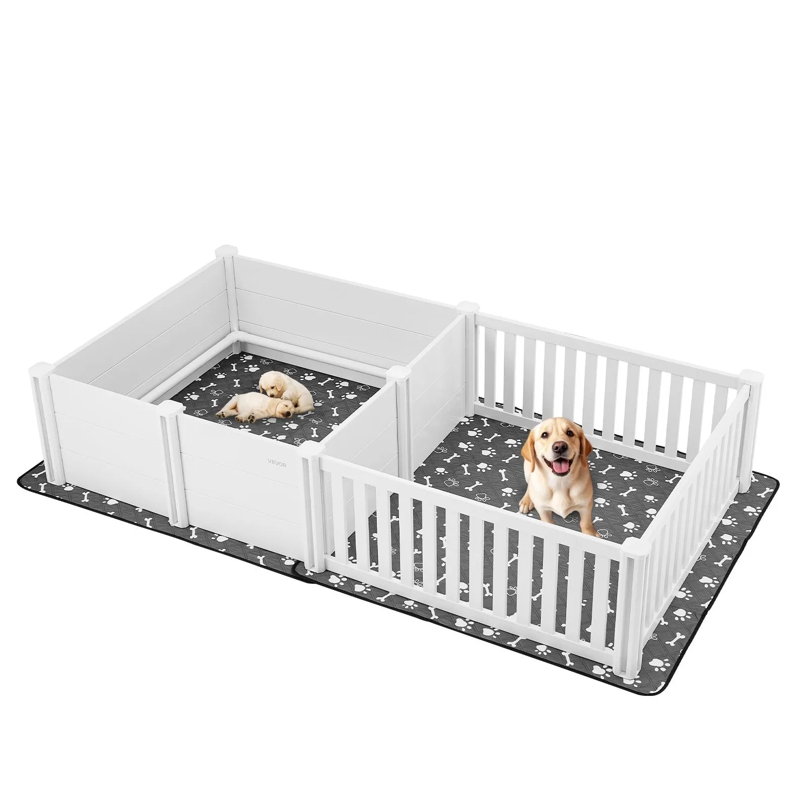 VEVOR kucēnu dzemdību kaste suņiem, 237 x 123 x 46 cm, PVC kucēnu manēža ar regulējamu ieejas augstumu un mazgājamu paklāju, 2 zonu konstrukcija īpaši lielo šķirņu suņiem, pienbalta