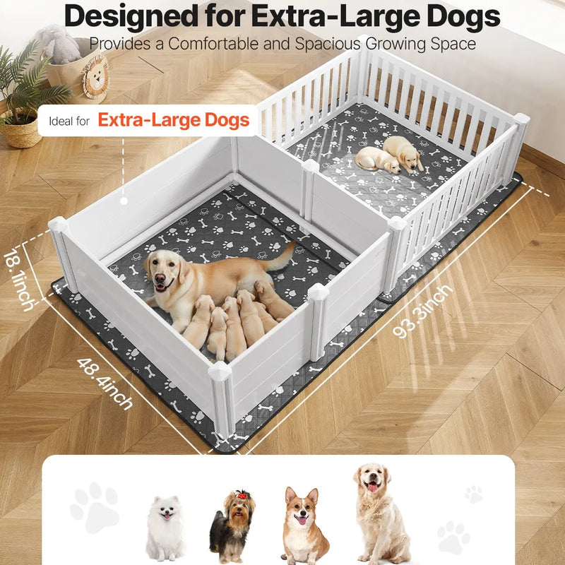 VEVOR kucēnu dzemdību kaste suņiem, 237 x 123 x 46 cm, PVC kucēnu manēža ar regulējamu ieejas augstumu un mazgājamu paklāju, 2 zonu konstrukcija īpaši lielo šķirņu suņiem, pienbalta