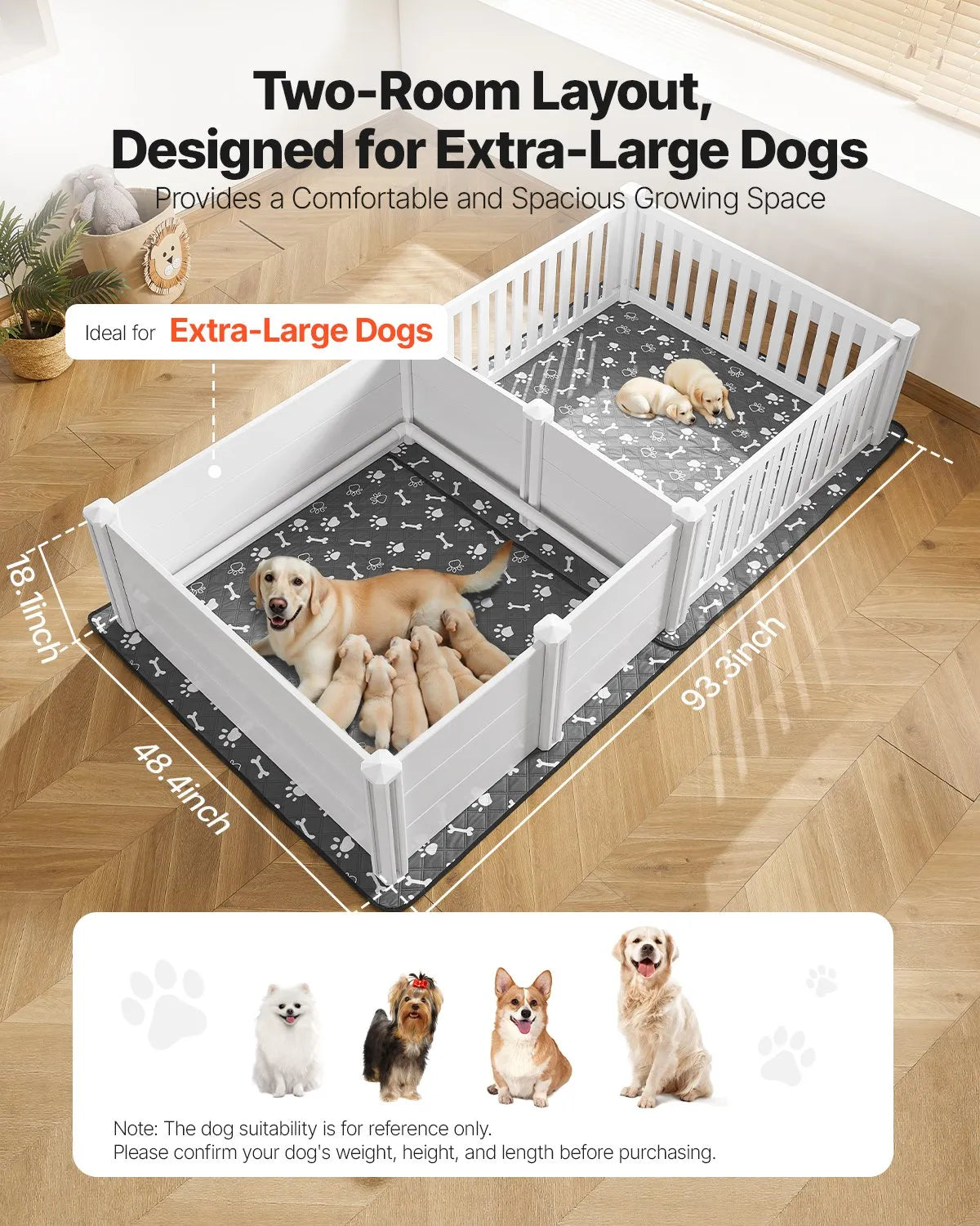 VEVOR kucēnu dzemdību kaste suņiem, 237 x 123 x 46 cm, PVC kucēnu manēža ar regulējamu ieejas augstumu un mazgājamu paklāju, 2 zonu konstrukcija īpaši lielo šķirņu suņiem, pienbalta