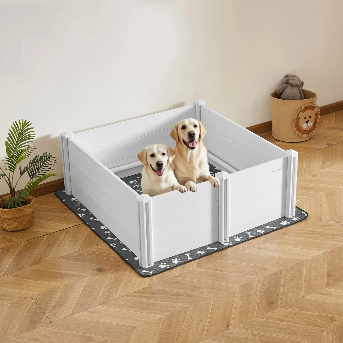 VEVOR kucēnu dzemdību kaste suņiem, 122 x 122 x 46 cm, PVC kucēnu manēža ar regulējamu ieejas augstumu un mazgājamu paklāju, izturīga pret deformāciju, piemērota lielo šķirņu suņiem, pienbalta