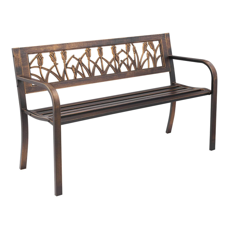 Āra sols 127 cm, ar oglekļa tērauda metāla rāmi, PVC dekoratīvu atzveltni ar ziedu rakstu un noapaļotiem roku balstiem, laikapstākļu izturīgs, antīka bronzas krāsā, piemērots terasei, dārzam, parkam, pagalmam un lievenim