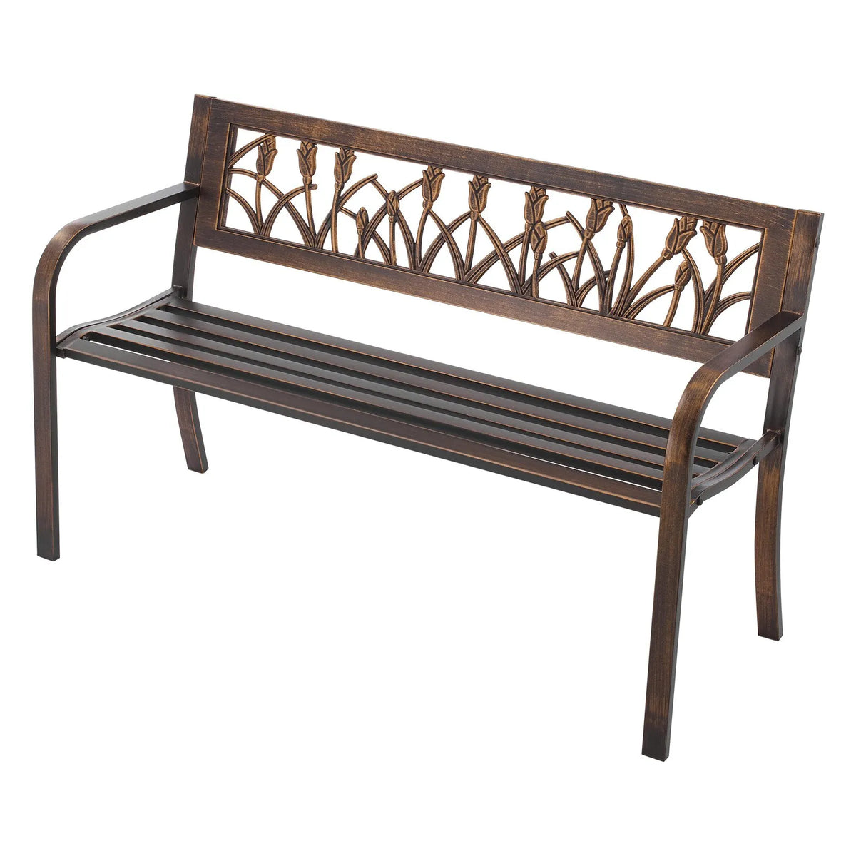 Āra sols 127 cm, ar oglekļa tērauda metāla rāmi, PVC dekoratīvu atzveltni ar ziedu rakstu un noapaļotiem roku balstiem, laikapstākļu izturīgs, antīka bronzas krāsā, piemērots terasei, dārzam, parkam, pagalmam un lievenim